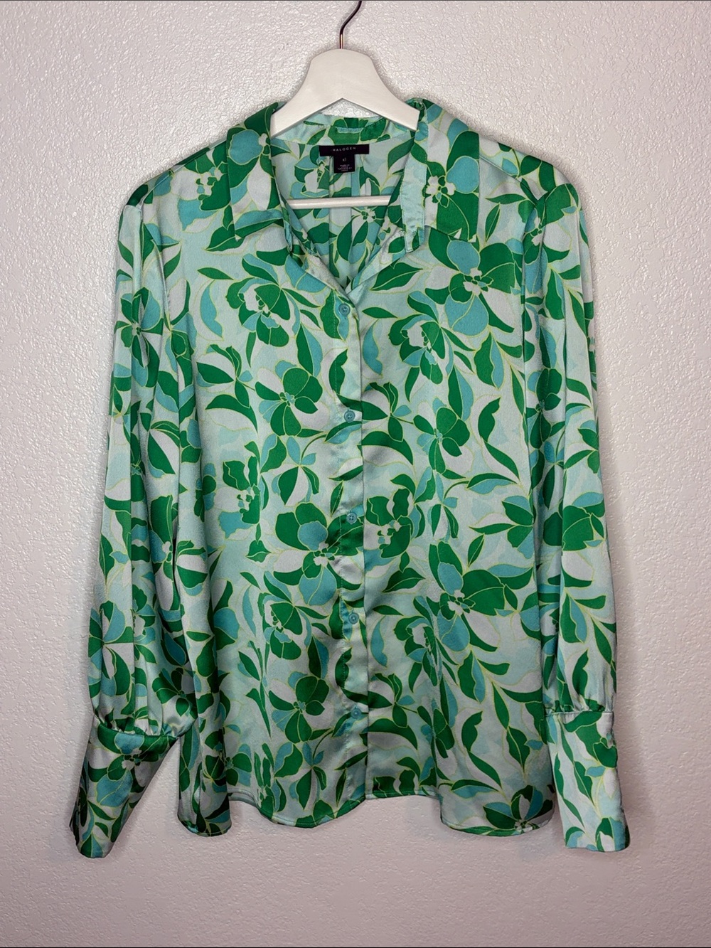 Halogen Green & Blue Satin Floral Button Down Blouse Size XL Career Wear - Picture 1 of 7